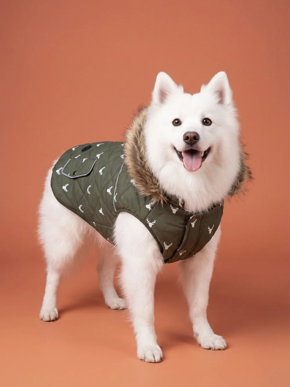 Dog Winter Puffer Vest in Olive Green with Faux Fur Hood